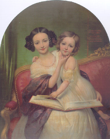 Portrait de Marguerite Louise Cibiel et de Marie Aglaure Cibiel assises sur un sofa  feuilletant un livre